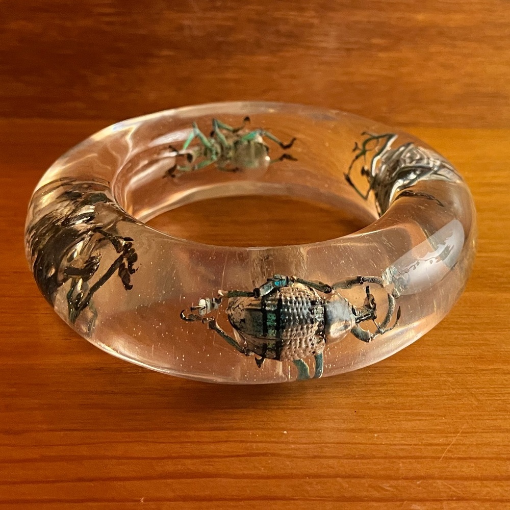 Vintage 1960s Lucite Iridescent Beetle Bangle Bracelet